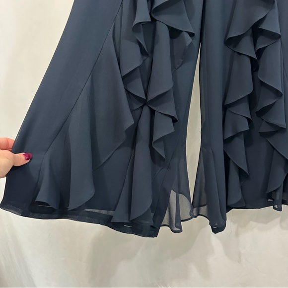 Badgley Mischka Cascading Ruffle Wide Leg High Waist Pants in Navy Blue - Picture 9 of 13